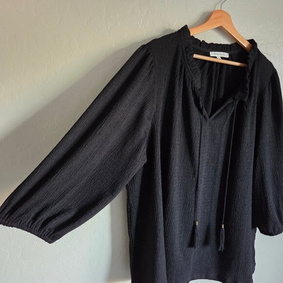 Rose + Olive Crinkle Puff Sleeve Tassel Tie Blouse V-Neck Black 2X Office Career - Picture 4 of 10